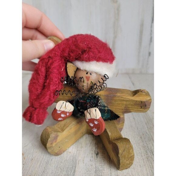 Vintage wooden Christmas Bell kitten cat figure home decor Xmas paws - Picture 6 of 7